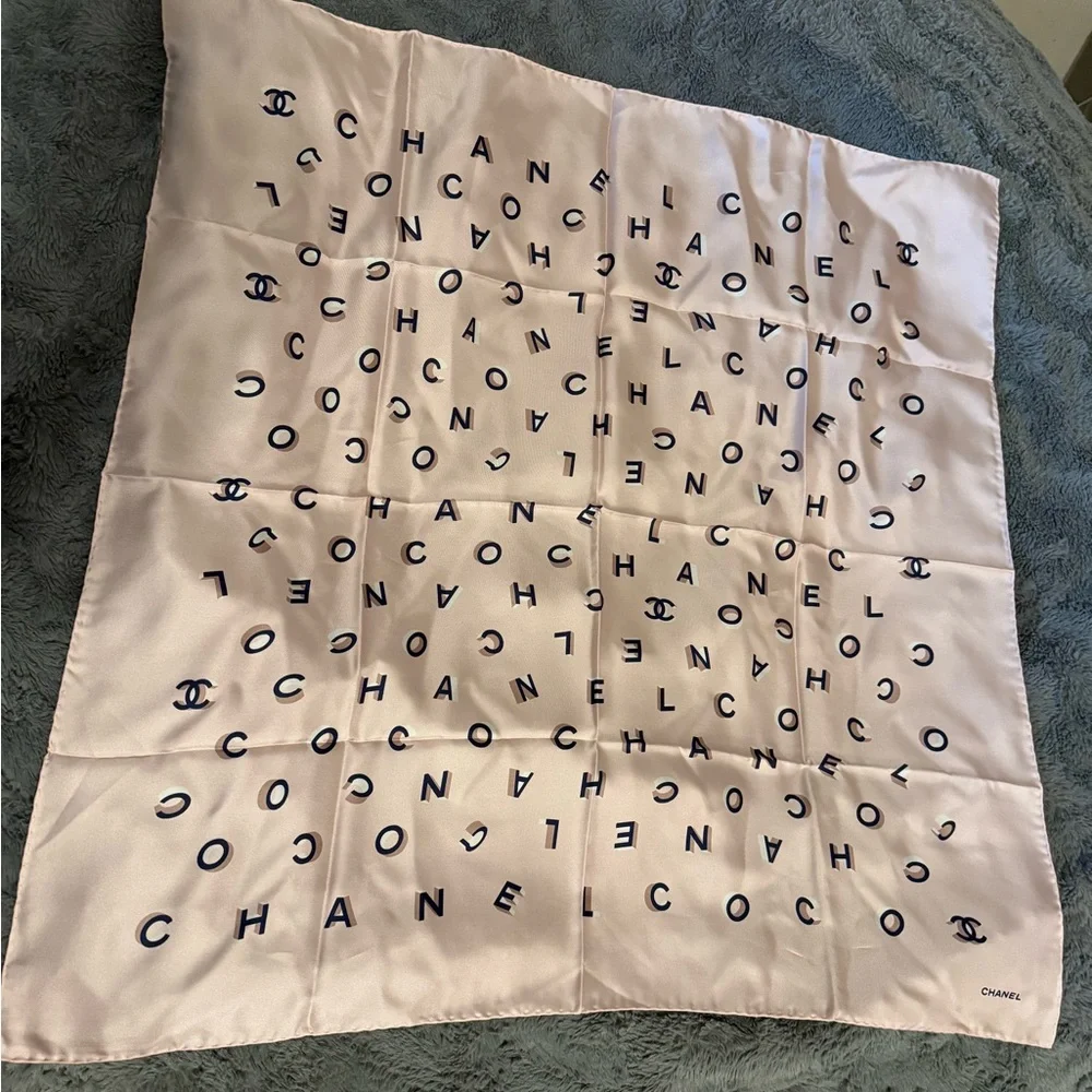 CHANEL Pink and Blue Logo Print Silk Scarf